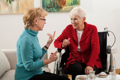 two senior woman talking